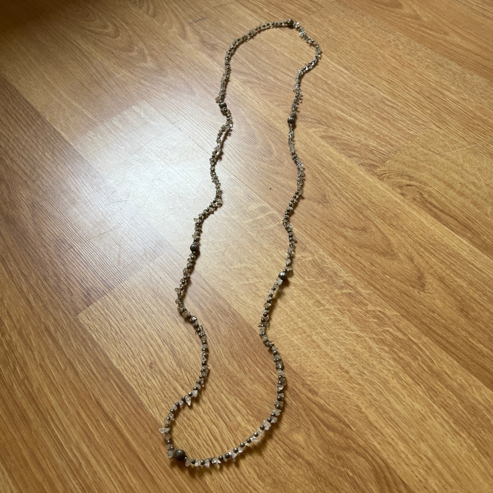 Vintage Quartz Chip and Silver Tone Bead Long Layering Boho Strand Necklace 42in